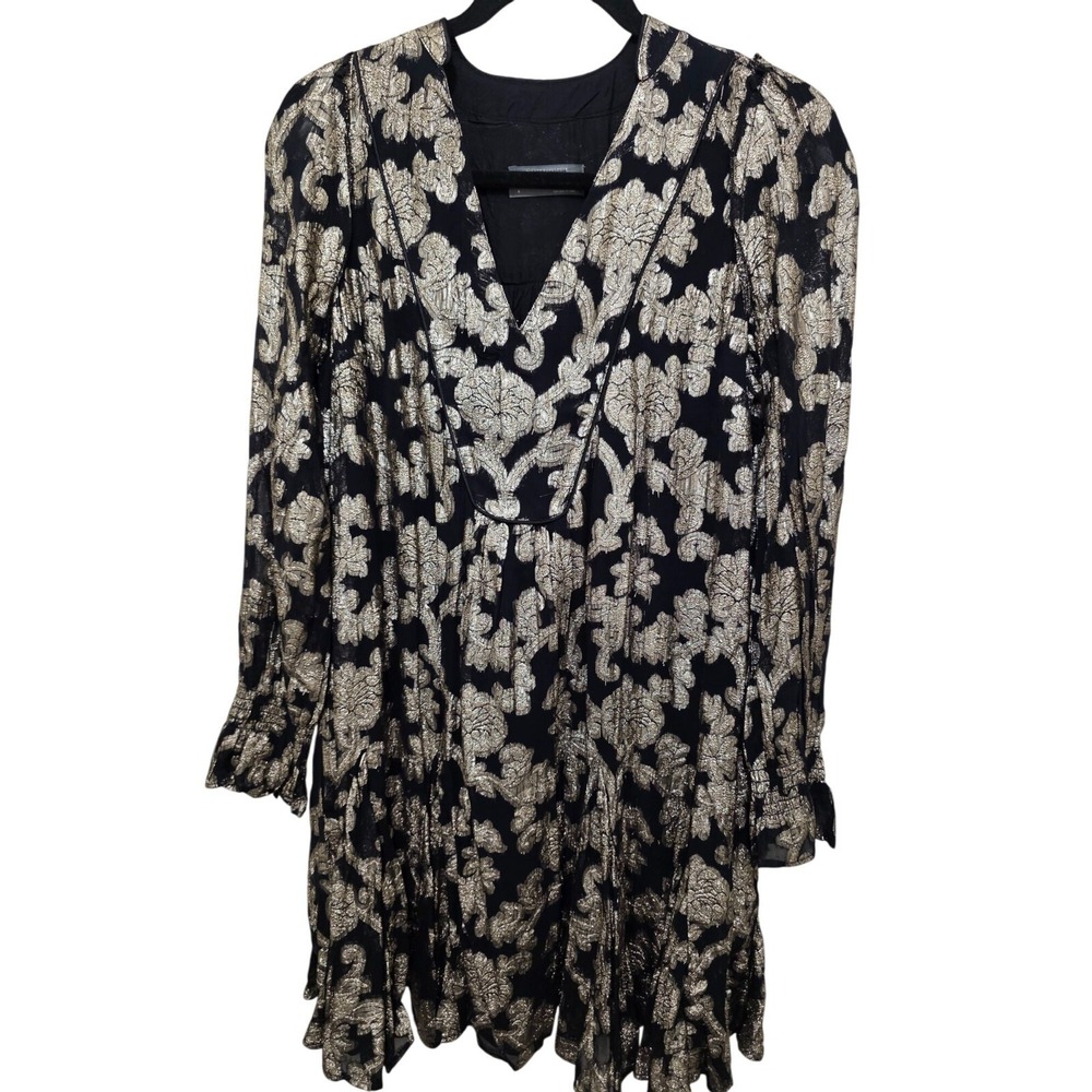 Anthropologie Women's Black & Gold Fairy Grunge Tunic Witchy Embroidered Long-Sl